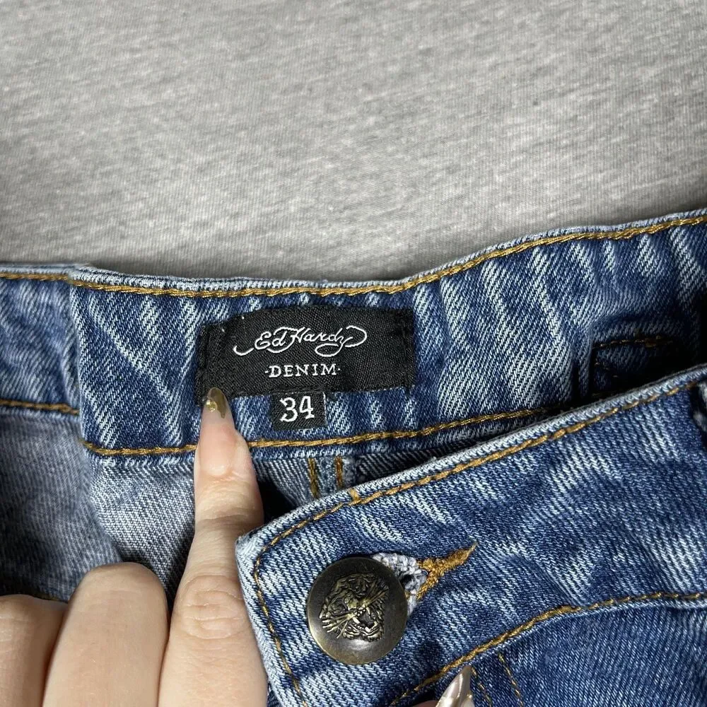 VTG Ed Hardy Jeans Mens 34 Blue Medium Wash Relaxed Straight Tattoo Graphics